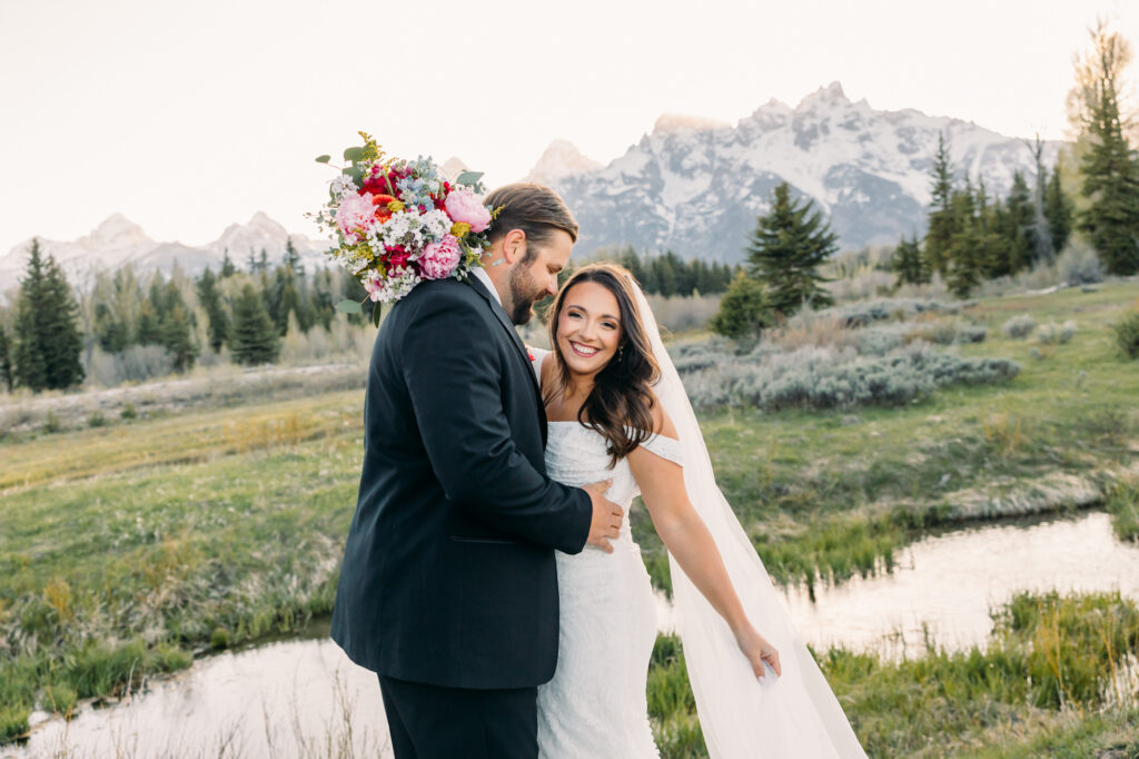 Schwabacher's Landing Grand Teton National Park couple wedding photography with Snake River at sunset spring couple posing