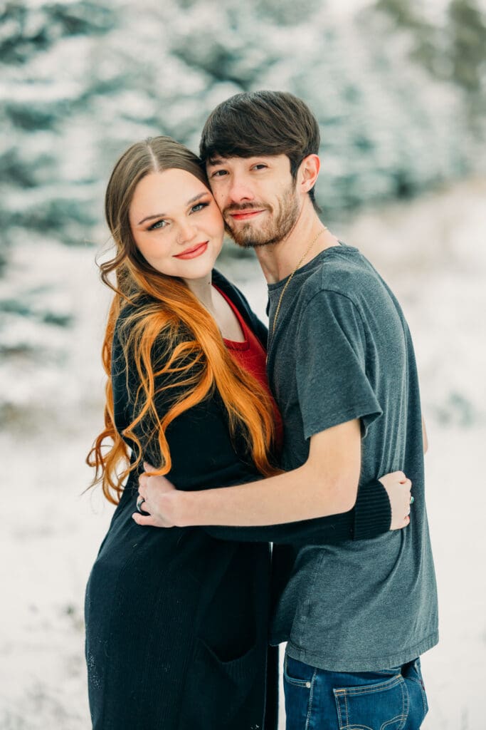 Romantic snowy engagement session in Harriman State Park Island Park Idaho