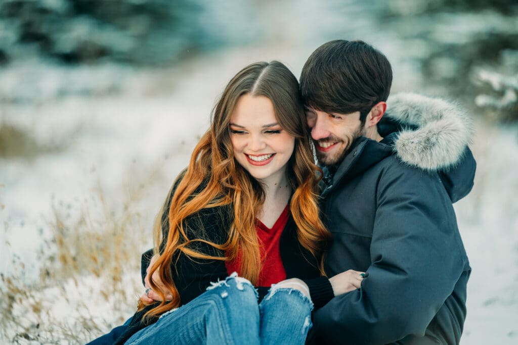 Island Park winter engagement in the snow