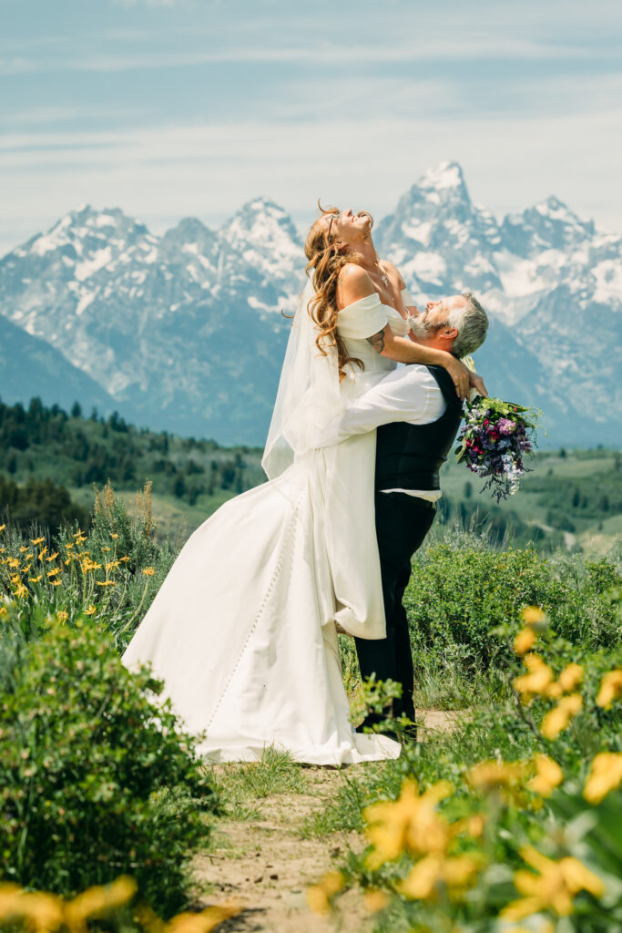 Elopement ceremony at The Wedding Tree with Grand Teton mountains in the background