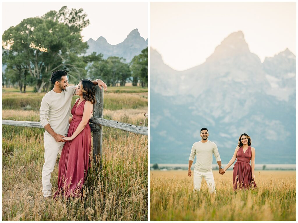 Summer Mormon Row Engagement Photo Session with Grand Teton in the background with tall grass and dress