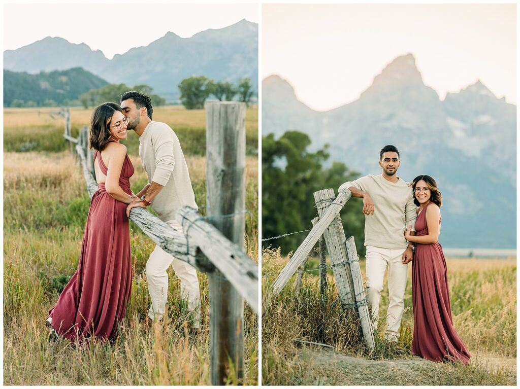 Summer Mormon Row Engagement Photo Session with Grand Teton in the background with tall grass and dress