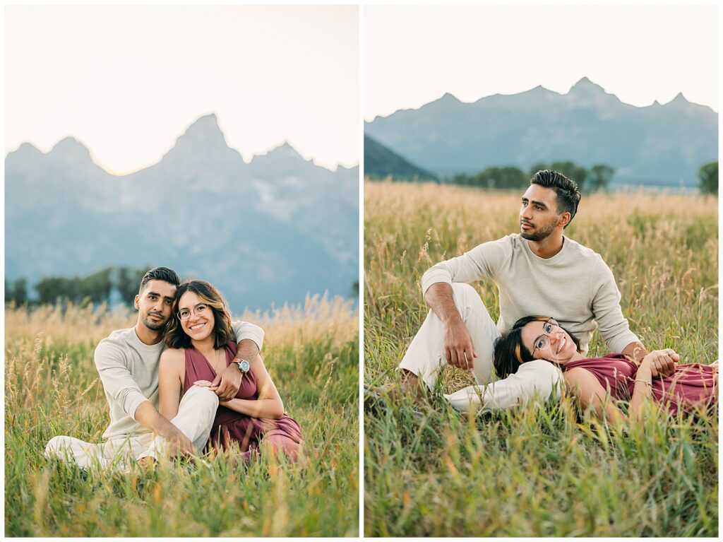 Summer Mormon Row Engagement Photo Session with Grand Teton in the background with tall grass and dress
