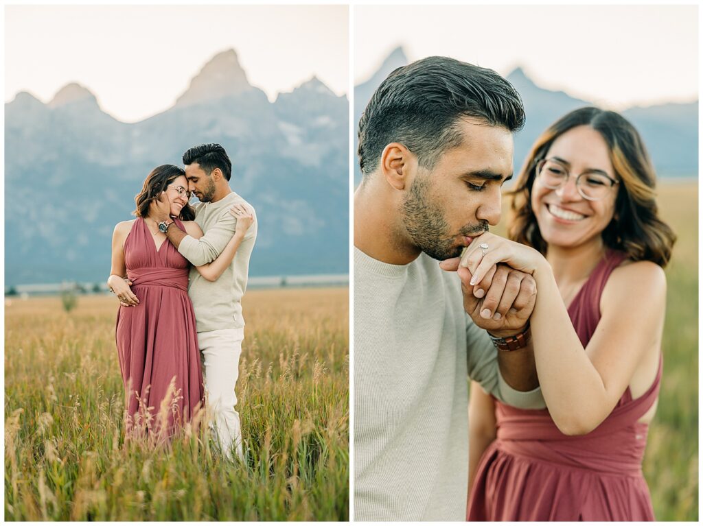 Summer Mormon Row Engagement Photo Session with Grand Teton in the background with tall grass and dress