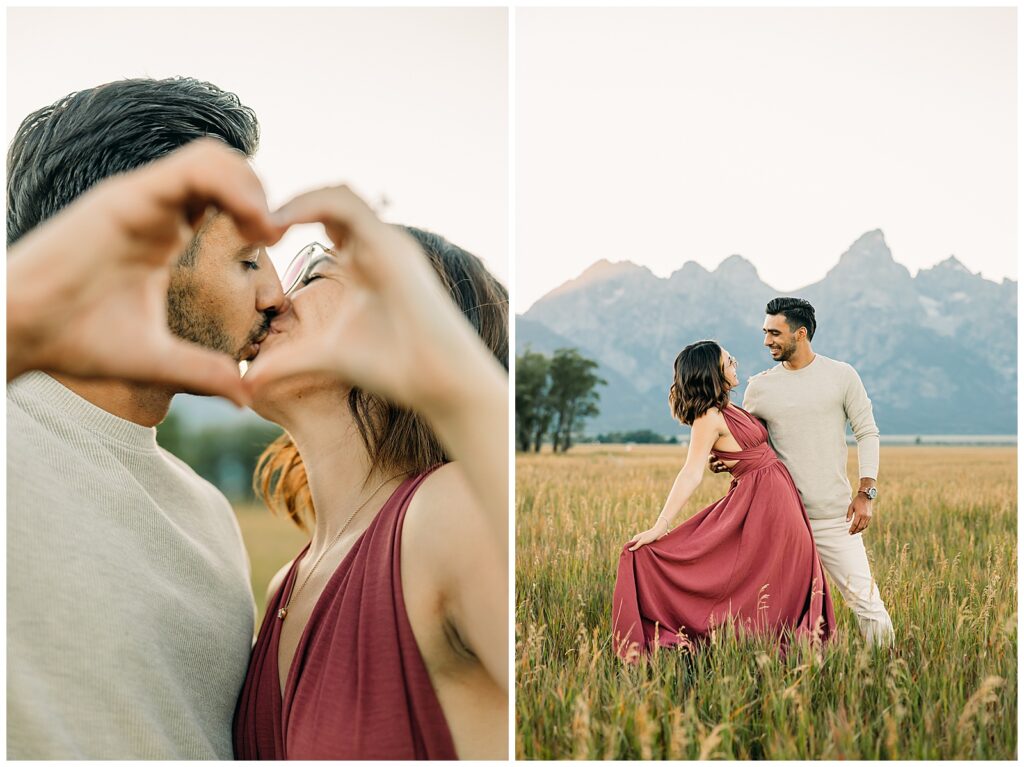 Summer Mormon Row Engagement Photo Session with Grand Teton in the background with tall grass and dress