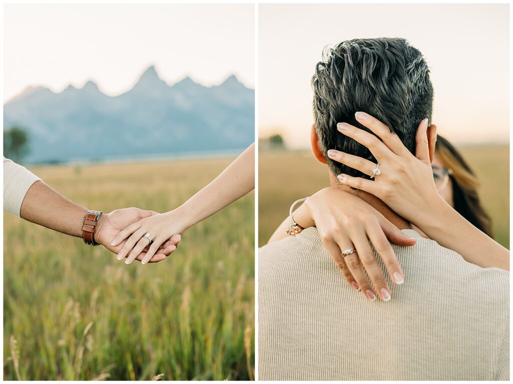 Summer Mormon Row Engagement Photo Session with Grand Teton in the background with tall grass and dress