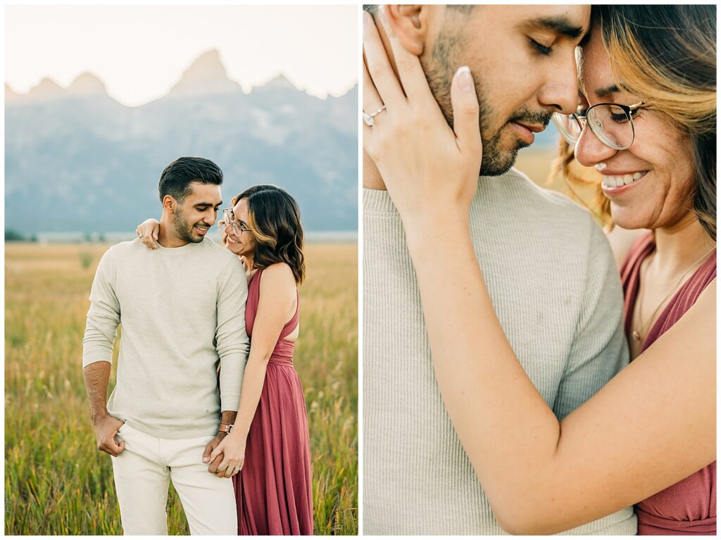 Summer Mormon Row Engagement Photo Session with Grand Teton in the background with tall grass and dress