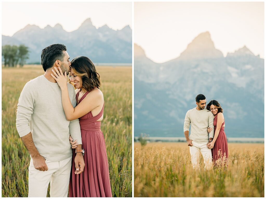 Summer Mormon Row Engagement Photo Session with Grand Teton in the background with tall grass and dress