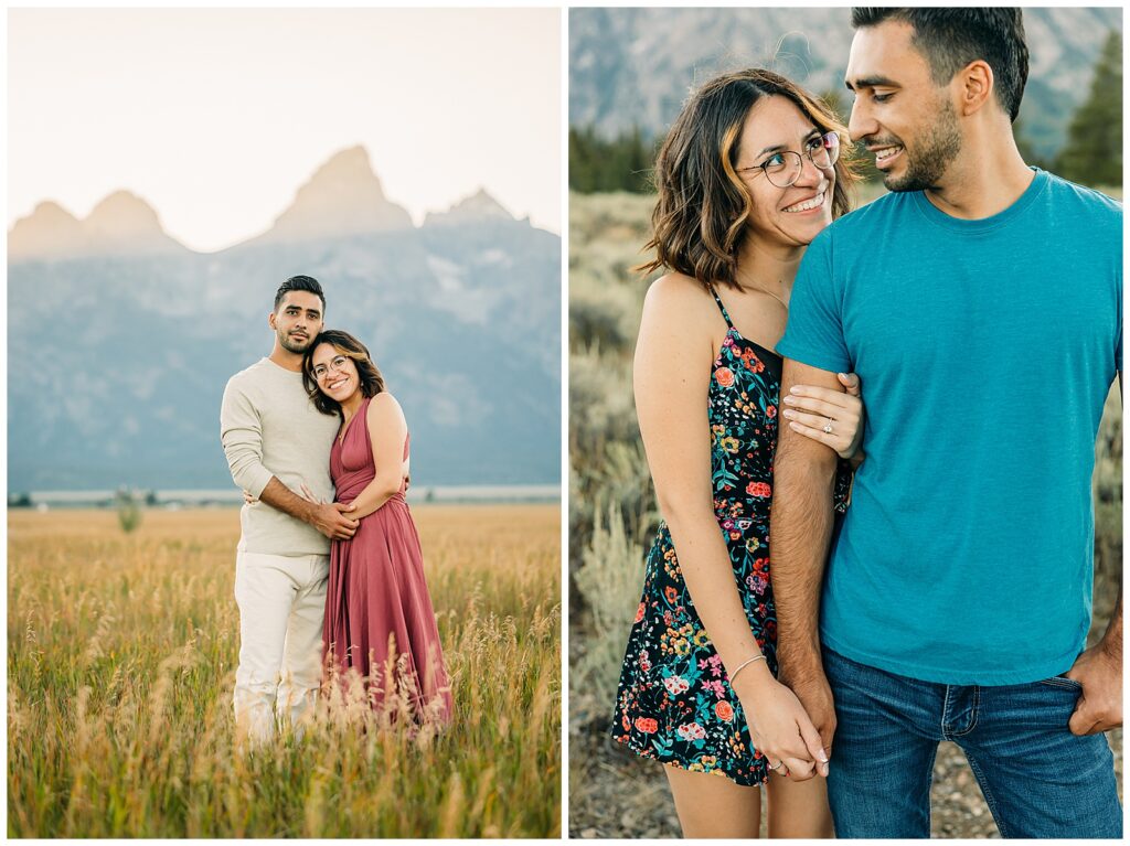 Couple Poses for Grand Teton Engagement Photo Session, playful couple in Cascade Canyon