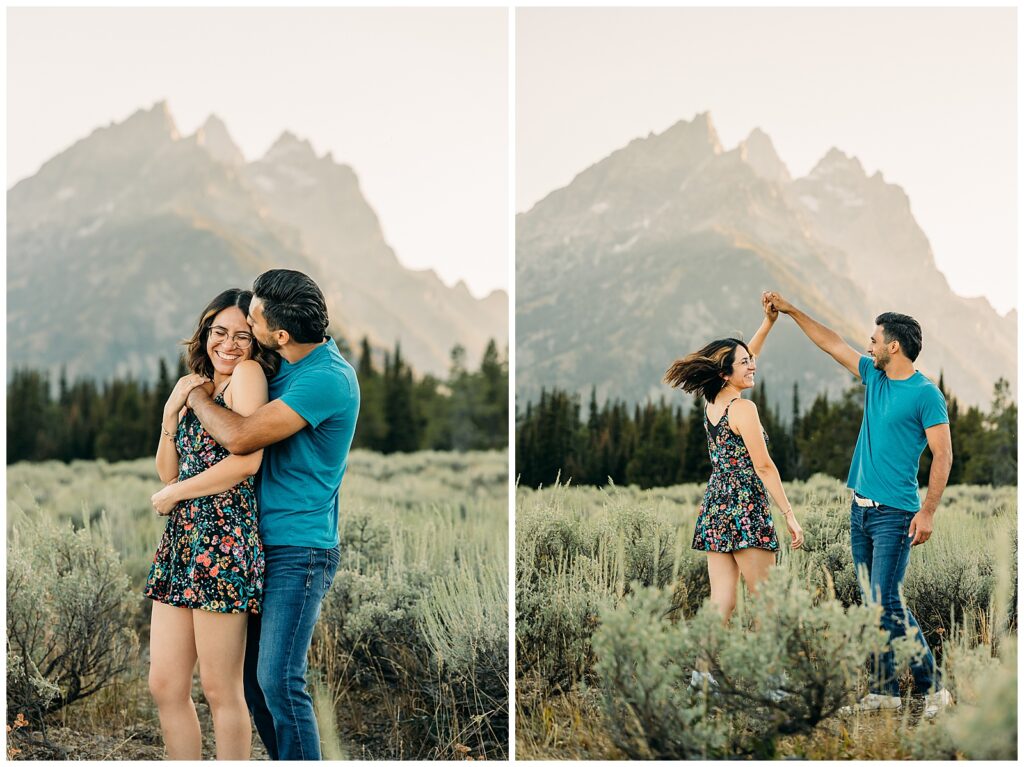 Couple Poses for Grand Teton Engagement Photo Session, playful couple in Cascade Canyon