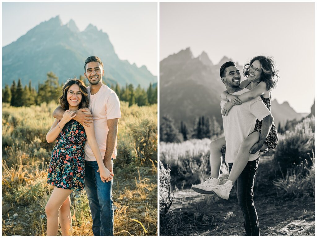 Couple Poses for Grand Teton Engagement Photo Session, playful couple in Cascade Canyon