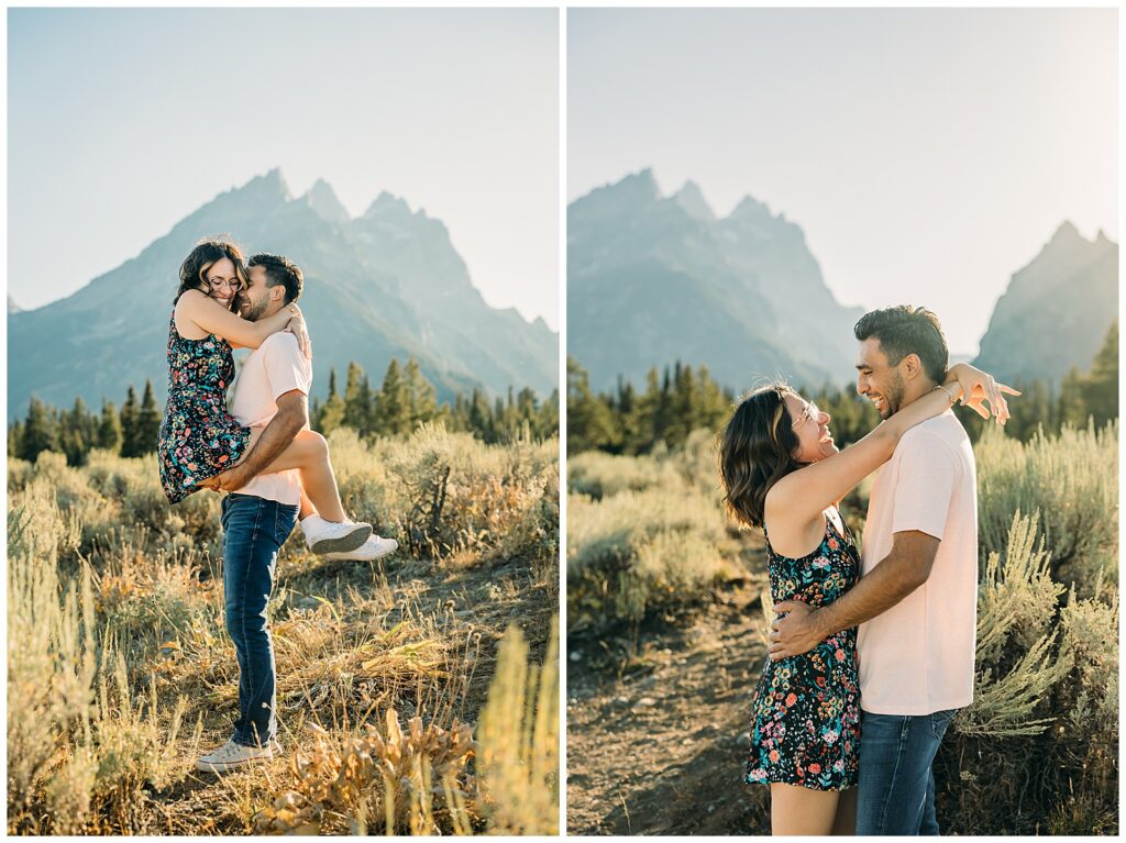 Couple Poses for Grand Teton Engagement Photo Session, playful couple in Cascade Canyon