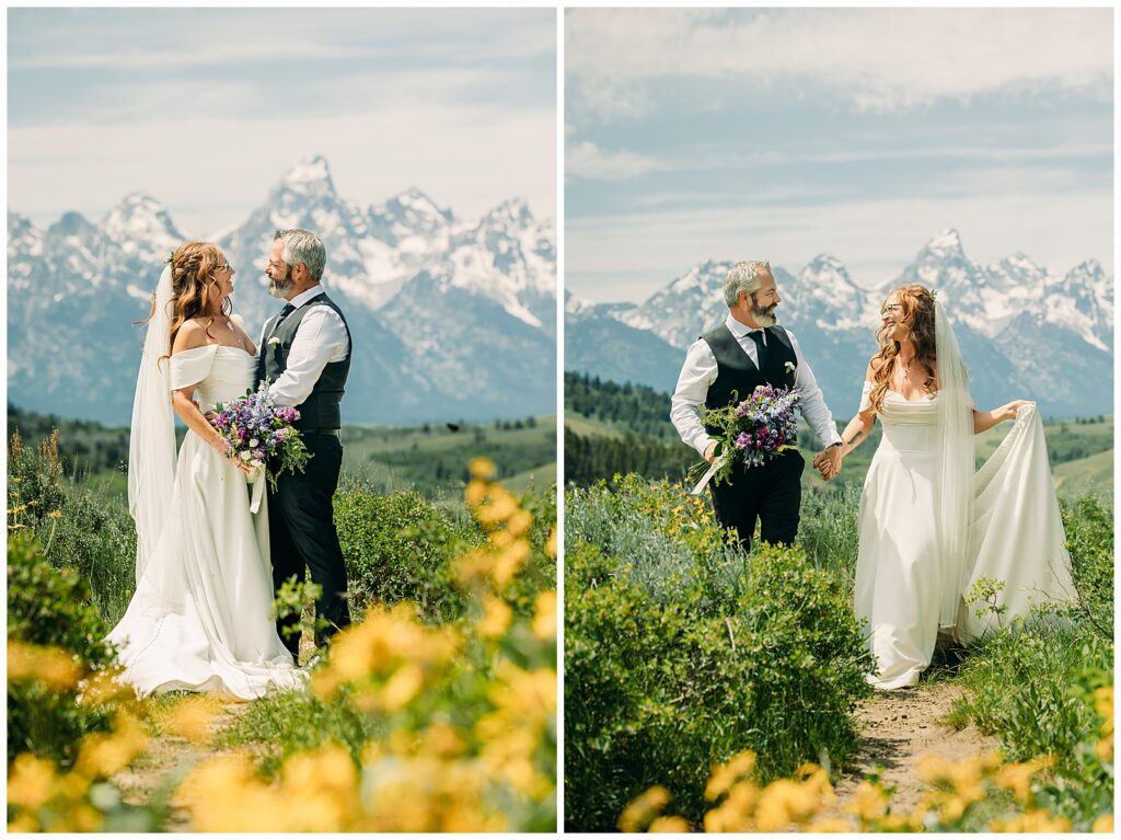 Couple kissing with dramatic mountain backdrop in Grand Teton National Park