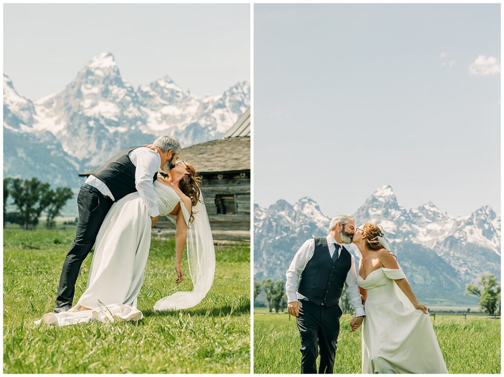 Couple kissing with dramatic mountain backdrop in Grand Teton National Park
