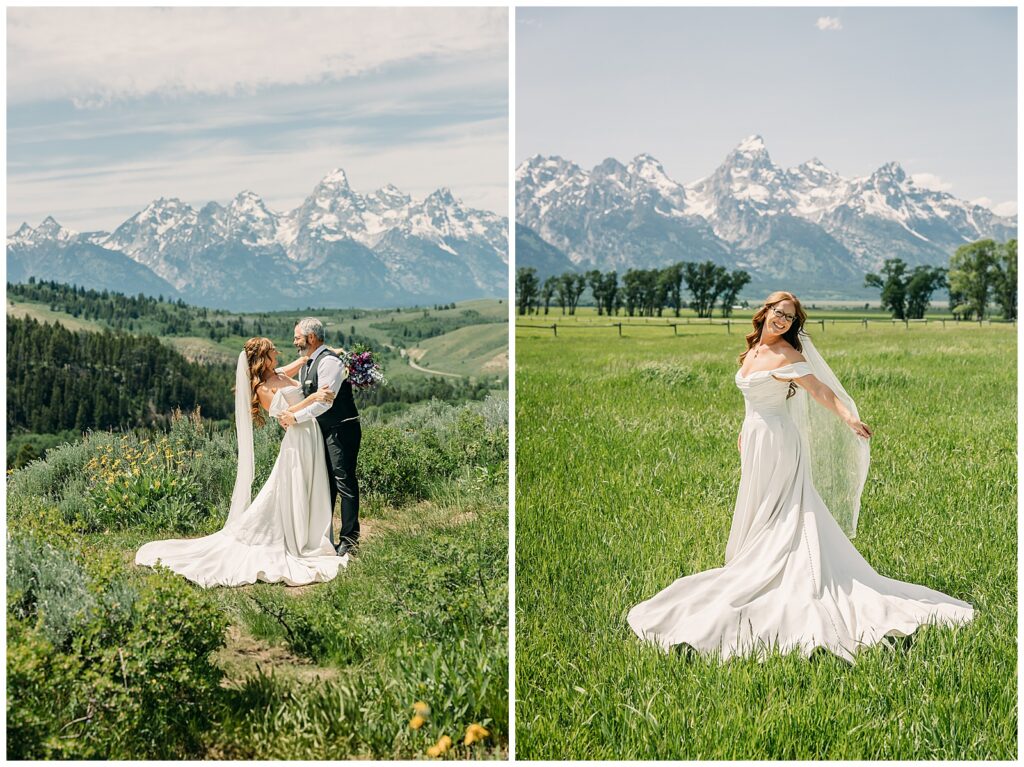 Couple kissing with dramatic mountain backdrop in Grand Teton National Park