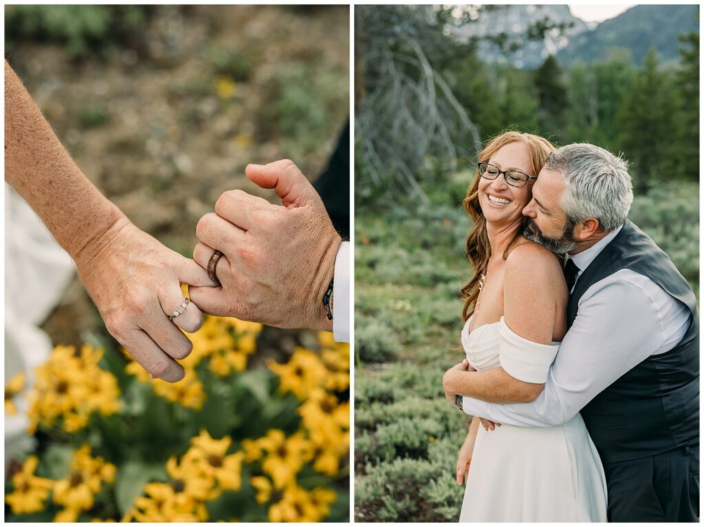 Wide landscape photo of bride and groom beneath the Tetons in Grand Teton National Park