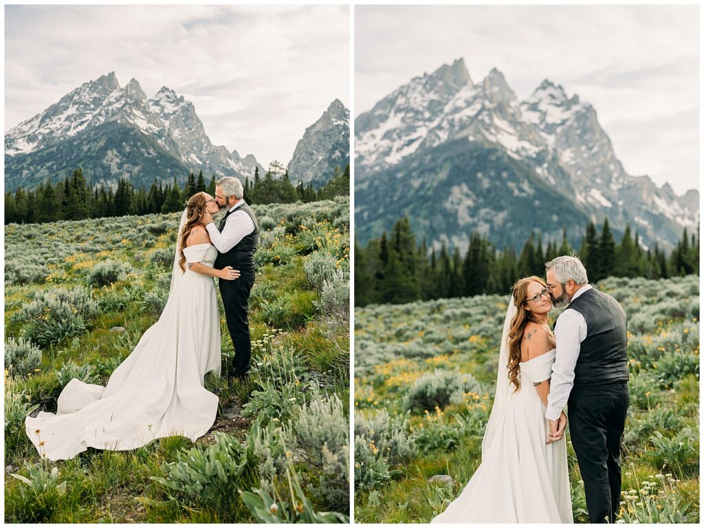 Wide landscape photo of bride and groom beneath the Tetons in Grand Teton National Park