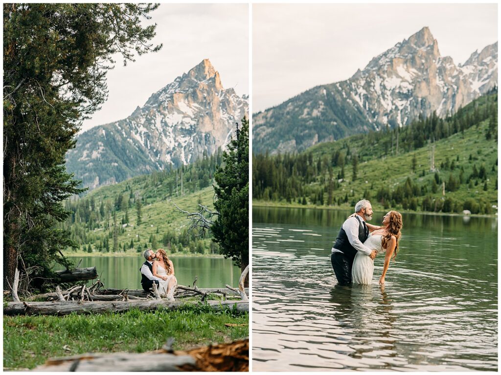Wide landscape photo of bride and groom beneath the Tetons in Grand Teton National Park