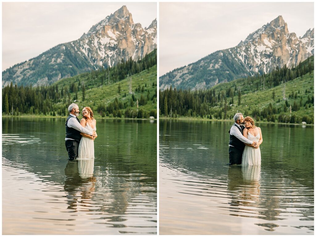 Wide landscape photo of bride and groom beneath the Tetons in Grand Teton National Park