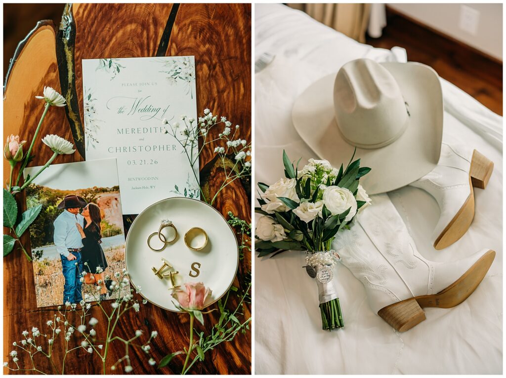 Wedding details flat lay at Bentwood Inn Jackson Hole Wyoming