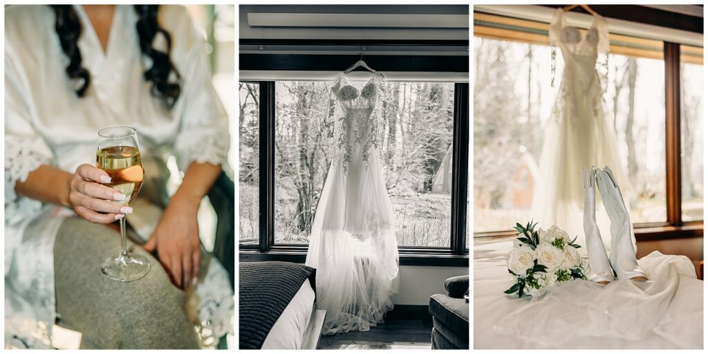 Wedding details flat lay at bentwood Inn Jackson Hole Wyoming cowboy boots wedding dress wine