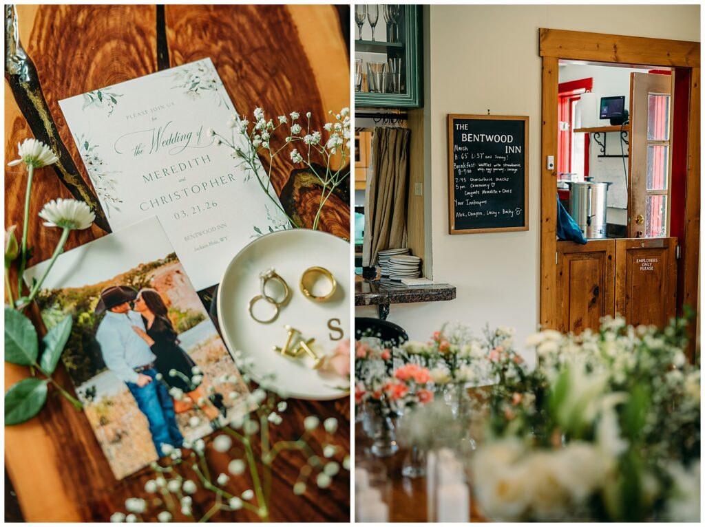 Wedding details flat lay at Bentwood Inn Jackson Hole Wyoming