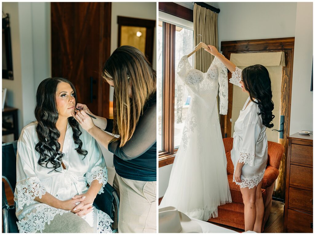 Bride getting ready at Bentwood Inn Jackson Hole wedding morning mom helping do up the wedding dress