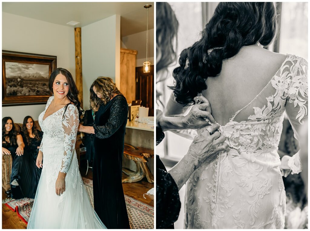 Bride getting ready at Bentwood Inn Jackson Hole wedding morning mom helping do up the wedding dress