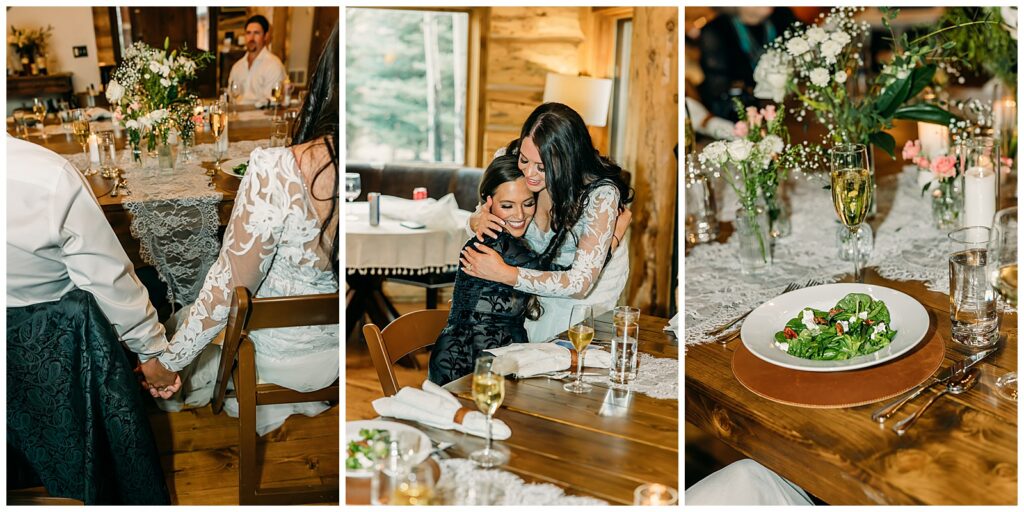 Bride and groom with Teton mountains during Jackson Hole wedding smiling at camera in wedding attire