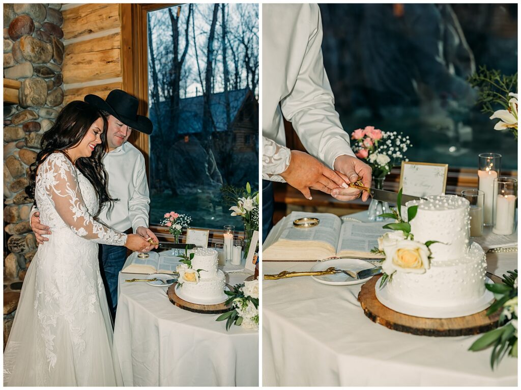 Bride and groom with Teton mountains during Jackson Hole wedding smiling at camera in wedding attire
