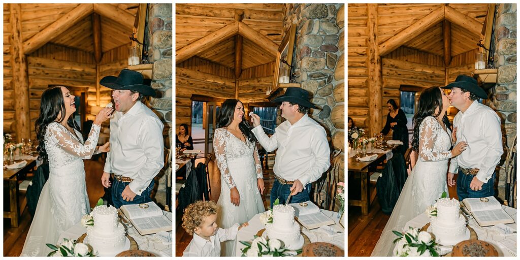 Bride and groom with Teton mountains during Jackson Hole wedding smiling at camera in wedding attire