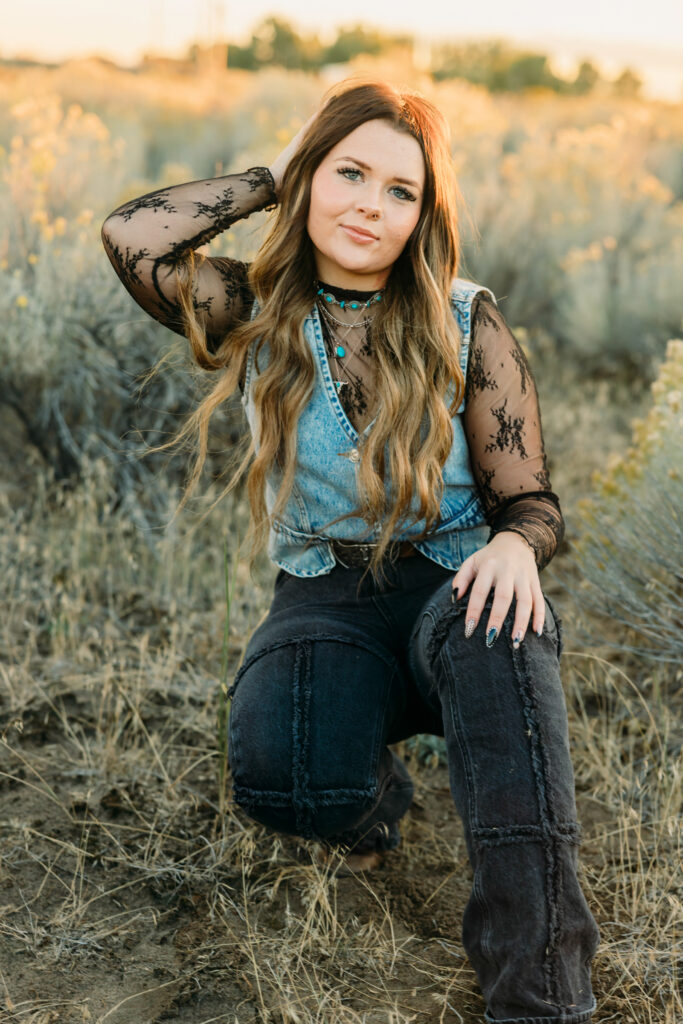 Western senior portrait with mountains and natural light in Jackson Hole with western jewelry