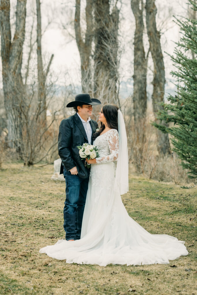 Bride and groom candid moment at Jackson Hole wedding reception